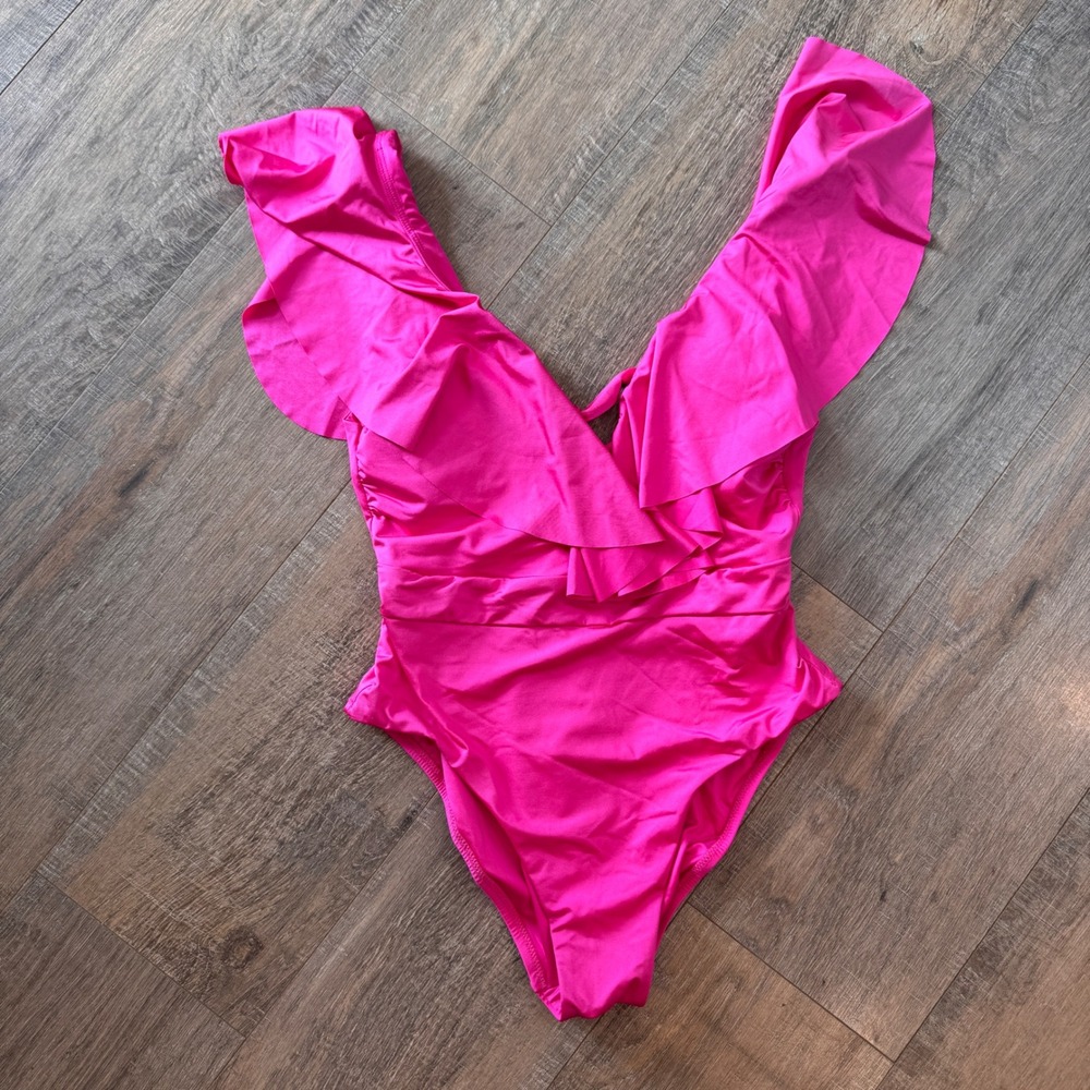 Trina Turk Hot Pink Ruffle V-Neck One Piece Swimsuit Size 8 3491635